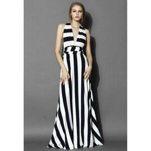 Chicwish Womens MEDIUM Blue White Bold Striped V-Neck Sleeveless Maxi Dress
